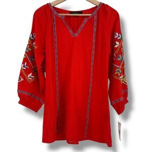 New Calessa Southwest Embroidered V Neckline Bracelet Sleeve Shirt Sz Small